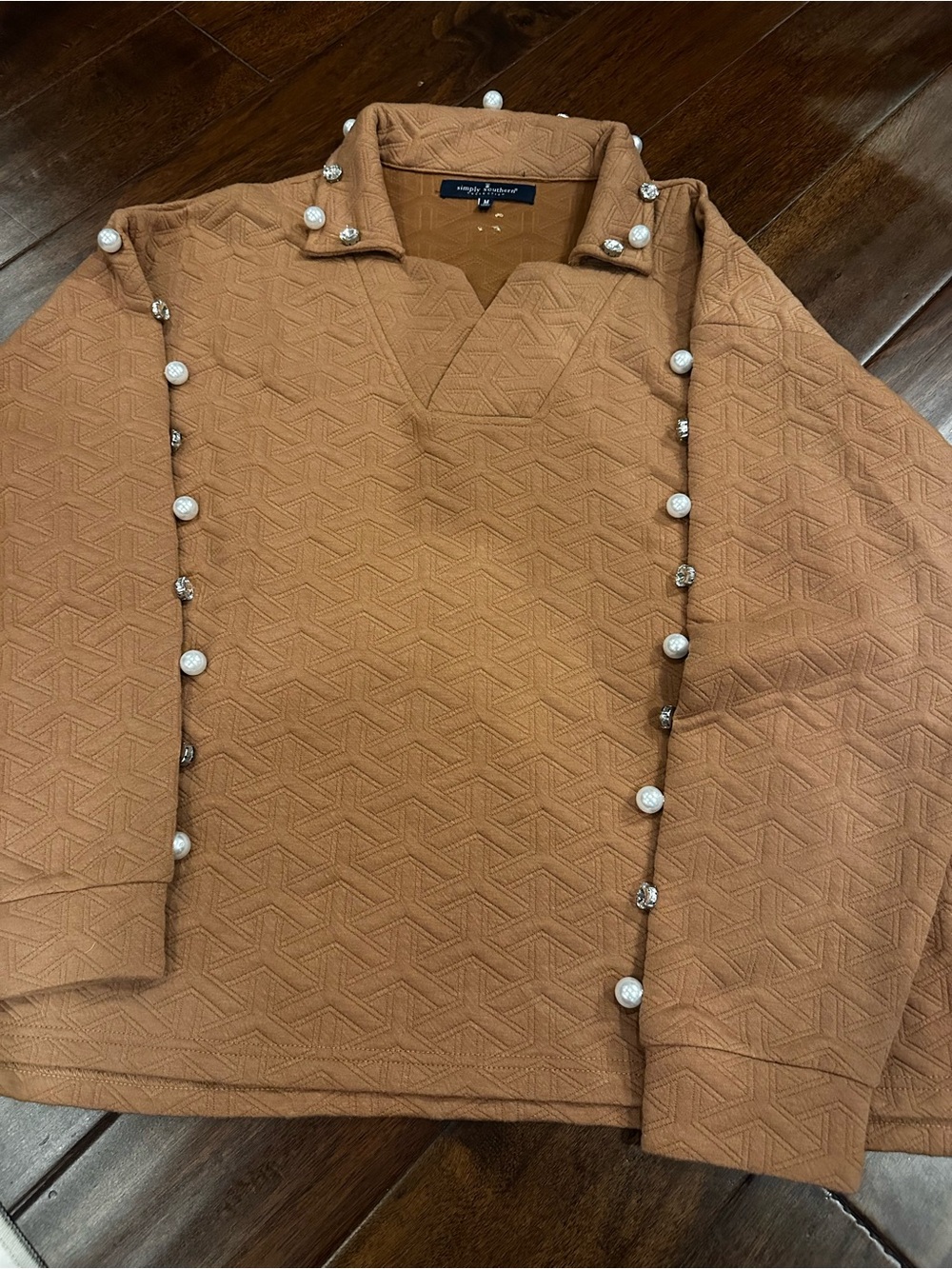 Simply Southern Textured Camel Brown Polo Sweater with Pearls and Rhinestones